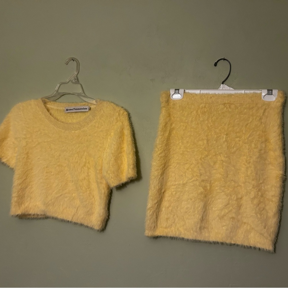 Stoned Immaculate Yellow Fuzzy Crop Top & Skirt Set